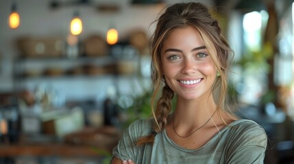 Wall Mural - a smiling girl, with blak hair and a green T-shirt, leaning business