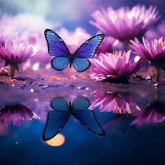 Wall Mural - Butterfly on lotus flower and reflection in the water.