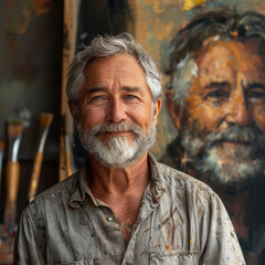 Happy artist man middle aged, standing next to the his self portrait in art workshop studio.