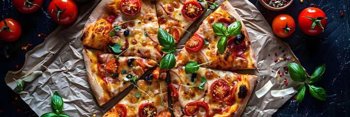 Wall Mural - Mouthwatering Homemade Italian Pizza with Fresh Tomatoes and Fragrant Basil