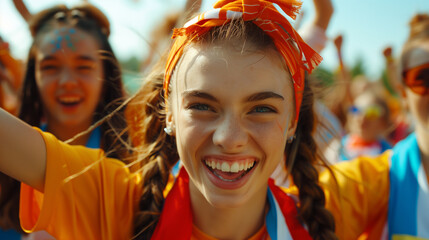 Passionate female soccer fan cheers at crowded sports stadium event, wearing national colors with pride.