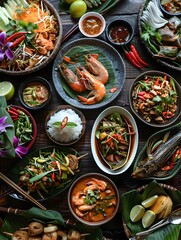 Wall Mural - Vibrant Assortment of Flavorful Southeast Asian Dishes on a Rustic Wooden Table, Showcasing the Diversity and of Regional Cuisine