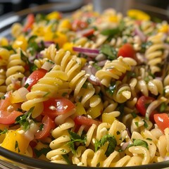 Wall Mural - Vibrant Fusilli Pasta Salad with Fresh Vegetables and Zesty Dressing