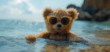 Fototapeta Młodzieżowe - cute teddy bear wearing sunglasses swimming in waterfall pool, happy summer vacation time, Generative Ai	
