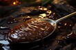 High -angle teaspoon with melted chocolate on pan, generative IA