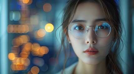 Aufkleber - The concept of a communication network. A young Asian woman working at a desk. GUI (Graphical User Interface).