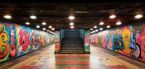 Wall Mural - underground stairway with wall full of graffiti art along the way, Generative Ai