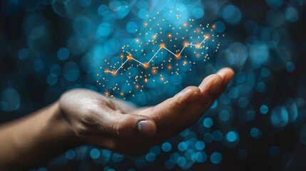 Poster - In a hand, you can see a graph chart with an up arrow in a palm. Finance and stock market concept on a dark background. Low poly wireframe modern illustration with a hologram style in light blue.