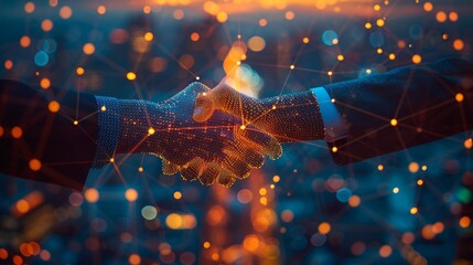 Poster - An up arrow hologram on a technology background with businessmen handshakes. A stock market or growth business concept in a digital low poly style. Modern illustration.