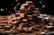 Close the pile of chocolate pieces falling many Chocolate Cubes Illustration 3D, generative IA
