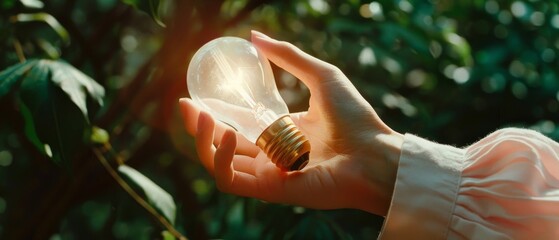 Wall Mural - In this image, a hand holds a light bulb against nature on a green leaf. The light bulb is surrounded by energy sources used in renewable, sustainable development. The elements of the image are