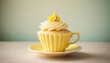 Beautiful yellow vintage cup with fin cupcake, low contrast haze