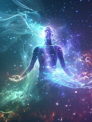 Wall Mural - glowing human being hologram in turquoise colors and purple. concept of openness and maturity of chakra through meditation and spiritual communion. generative AI