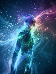 Wall Mural - glowing human being hologram in turquoise colors and purple. concept of openness and maturity of chakra through meditation and spiritual communion. generative AI