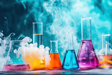 Colorful liquids in laboratory glassware undergo effervescent chemical reactions, producing clouds of vapor against a mystical blue backdrop, illustrating the dynamic nature of scientific experiments.