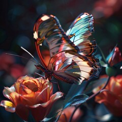 Wall Mural - Beautiful butterfly on a background of red tulips in the garden