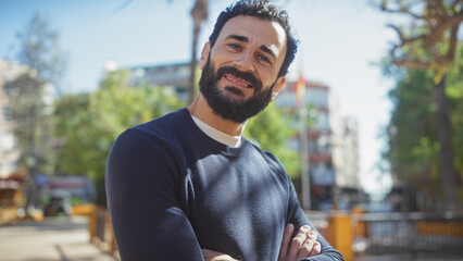 Smiling bearded man in casual attire standing on a sunny urban street lined with trees.