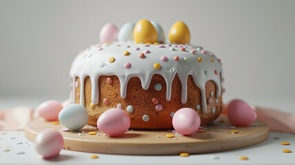 Poster - Easter celebration with a homemade cake adorned with pastel eggs. perfect for holiday greetings or recipe blogs. a delicious treat for easter brunch. AI