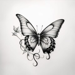 Wall Mural - butterfly tattoo black and white on a white background, vector illustration