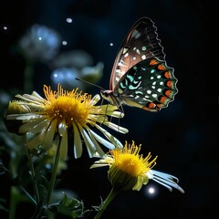 Wall Mural - Butterfly on a flower in the garden on a dark background