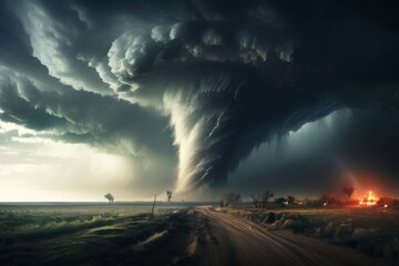 a tornado in a rural landscape. twin tornadoes