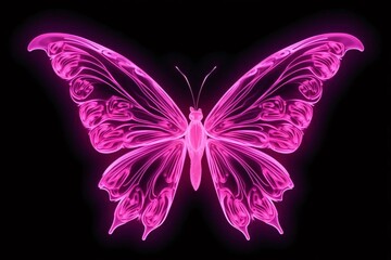 Wall Mural - Pink butterfly isolated on black background. 3D rendering. Neon light.