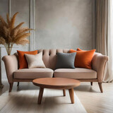 Fototapeta  - Wnętrze salonu w stylu eko z beżową kanapą z pomarańczowymi poduszkami, stolikiem i bukietem traw