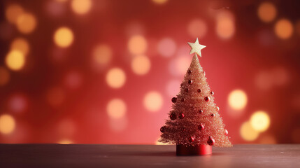 Wall Mural - Miniature Christmas tree with blurred bokeh gold light background on wood table with copy space. Christmas, New Year, Valentine or Birthday celebration holiday concept.