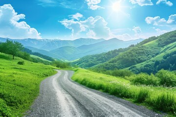 country road and green mountains in summer.  country road