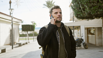 Poster - A young hispanic man with a beard talks on a phone on a city street, portraying an urban vibe outdoors.