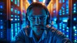 An IT specialist with headphones is smiling while working inside a neon-lit server room, surrounded by sophisticated computer networking equipment.