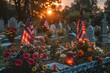 Cemetery With American Flags and Flowers