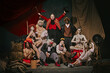 © master1305 - Diverse cast of vintage circus performers poses over dark retro circus backstage background. Promotional poster for upcoming performances. Concept of circus, theater, performance, show, retro and