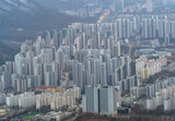 Fototapeta Miasta - Aerial view of Seoul Downtown Skyline, South Korea. Financial district and business centers in smart urban city in Asia. Skyscraper and high-rise buildings.