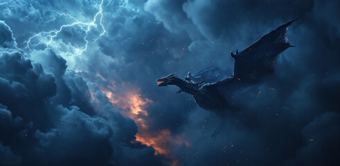 Wall Mural - Powerful dragon flying in sky with heavy clouds.