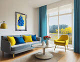 Fototapeta  - Wnętrze nowoczesnego salonu w niebieskich i żółtych barwach