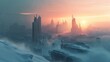 Cold winter sunrise with heavy snow of a futuristic city with modern skyscraper buildings.
