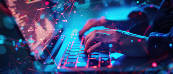 Wall Mural - laptop with hands of hacker and polygonal lines on dark background, view of notebook and digital dat