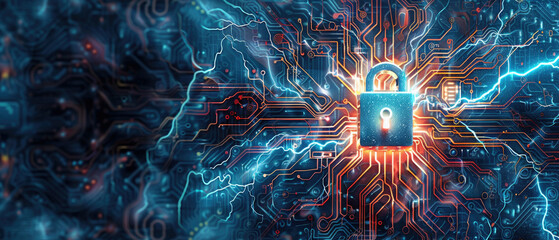 Wall Mural - digital padlock with lightning in cyber space, abstract data background, secure computer information