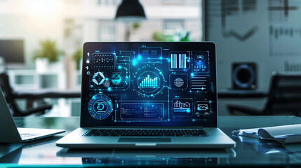 Canvas Print - business data statistics analysis display on laptop, data management system software technology, dig