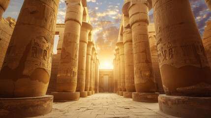 Ancient Egyptian temple hallway at sunset, luxury columns of old stone building in Egypt. Theme of pharaoh, civilization, travel, sun, tomb