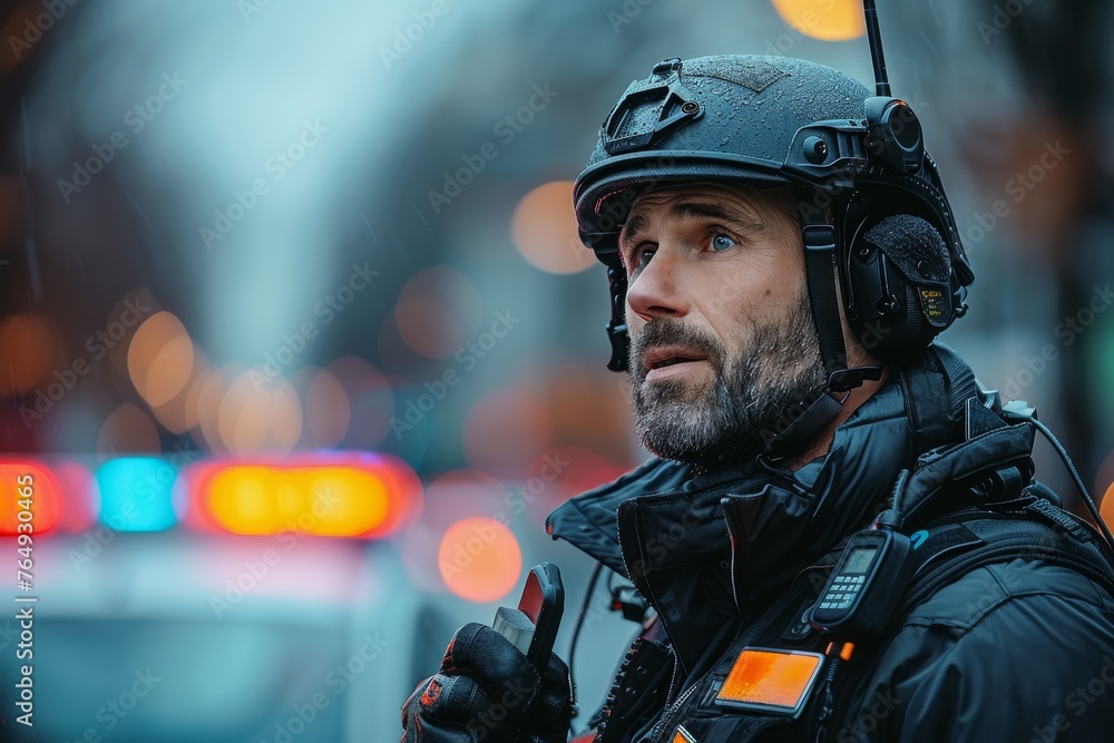 A solemn law enforcement officer in uniform stands in the rain, clearly ...