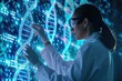© darshika - Genetics laboratory worker studying human genome structure on holographic screen