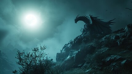 Wall Mural - A dragon stand resting on top of a mountain with its wings folded with moonlight.