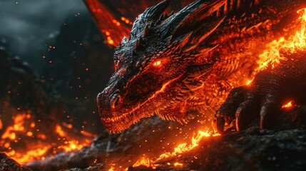 Wall Mural - Close-up view of an angry evil dragon with red eyes and fire flames.
