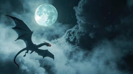 Wall Mural - Powerful dragon flying in sky with clouds and moon.