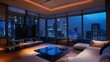 Expansive window offering views of the serene nighttime cityscape