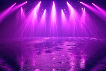 Wall Mural - Abstract neon stage with purple lights and wet asphalt reflection.