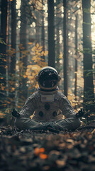 Wall Mural - cosmonaut in a meditation center in the woods, person in the woods