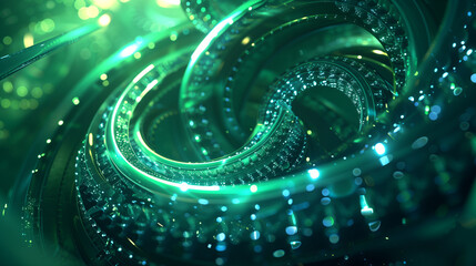 Wall Mural - Futuristic glowing green spirals with digital elements.